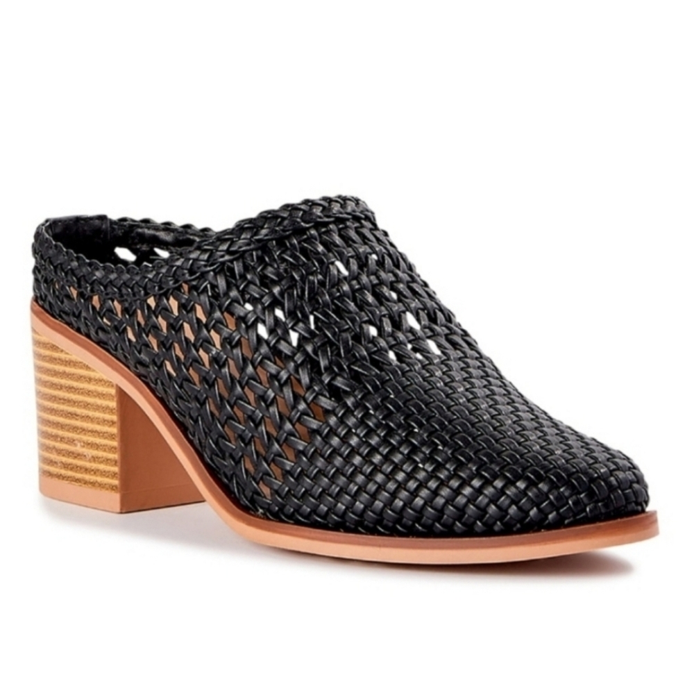 Black Woven Mules with Tan Heel